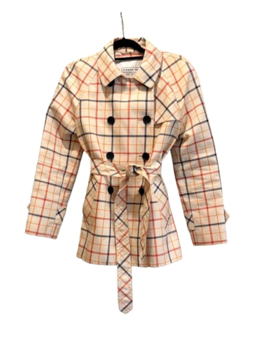 COACH~ Tattersall Plaid Short Trench Coat - Size Medium - Pristine Condition